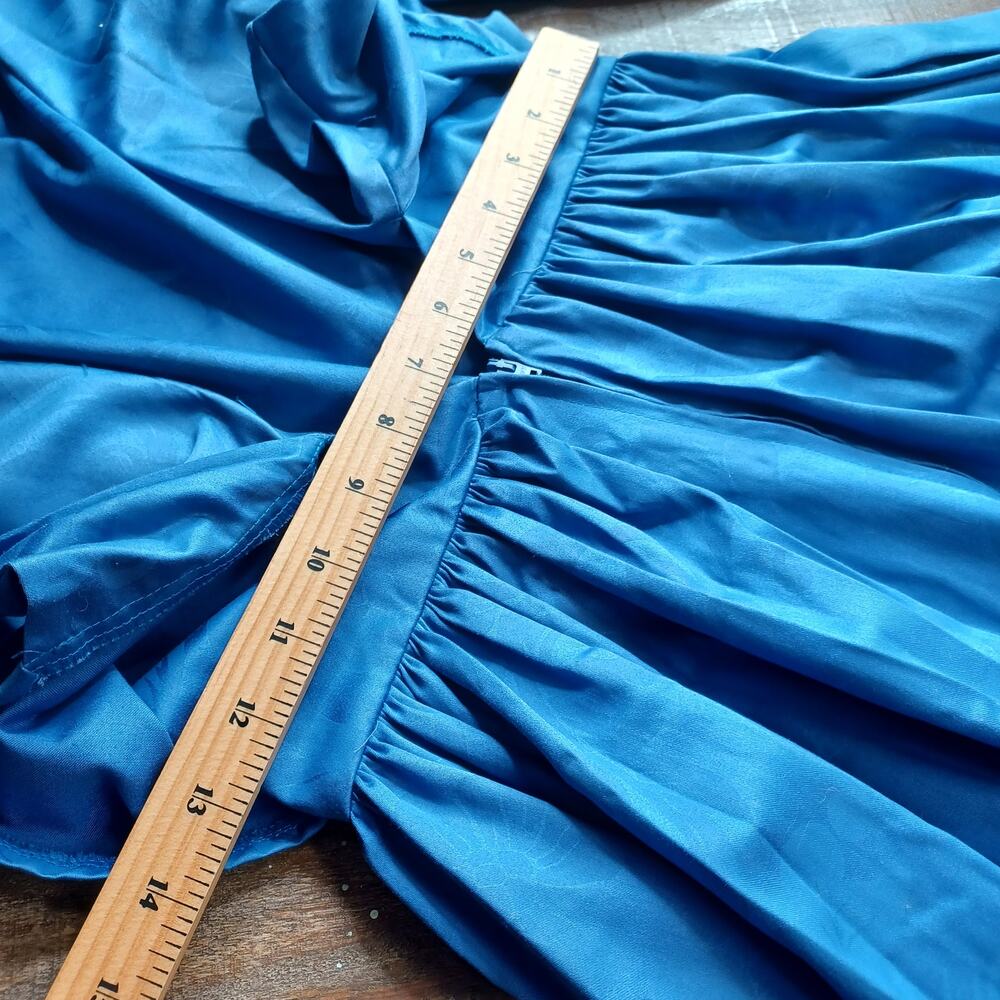 Vtg Laura Ashley Blue Damask Puff Sleeve Dress Bow Back Pockets - Picture 6 of 11
